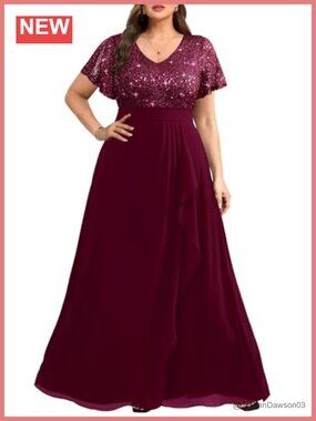 Plus Size Formal Sequin Evening Gown Wedding Guest Dress Chiffon